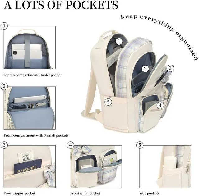 Alt view image 3 of 5 - RJEU School Backpack for Teen Girl,Aesthetic Backpack Bookbag with Laptop Compartment for Middle School Students,Mochila para Niñas,Beige