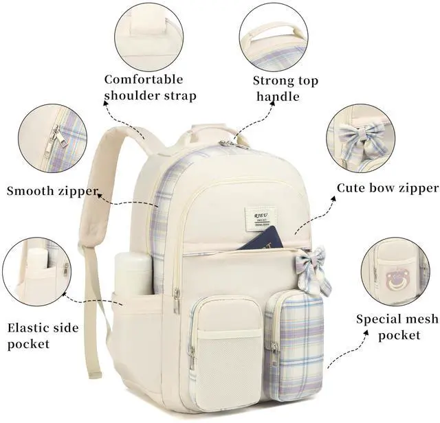 Alt view image 4 of 5 - RJEU School Backpack for Teen Girl,Aesthetic Backpack Bookbag with Laptop Compartment for Middle School Students,Mochila para Niñas,Beige