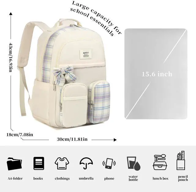 Alt view image 5 of 5 - RJEU School Backpack for Teen Girl,Aesthetic Backpack Bookbag with Laptop Compartment for Middle School Students,Mochila para Niñas,Beige