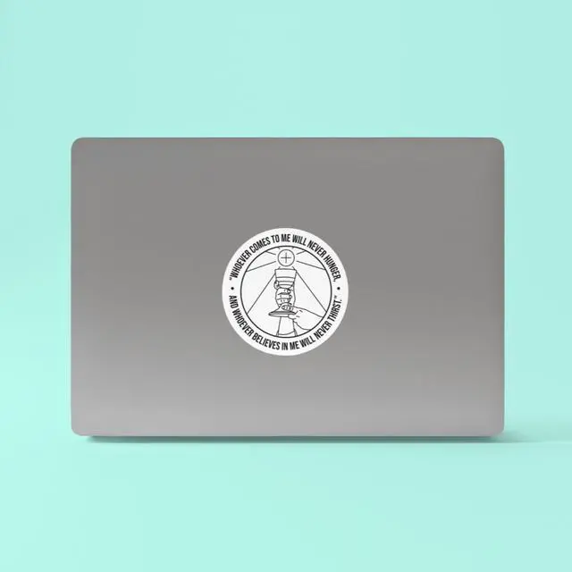 Alt view image 3 of 4 - Catholic Concepts | Whoever Comes to Me - John 6:35 4 x 2.25 Vinyl Sticker Label Decal Waterproof Cool Accessory for Laptop, Hard Hats, Water Bottles, Scrapbooks, Folders, Cell Phone | 10-Pack