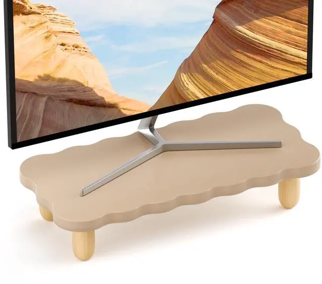 Main image of AFOOYO Monitor Stand Riser,Cookie-Shaped Sturdy Wood Computer Monitor Stand, Monitor Stand Riser, Multi-Purpose Desktop Organizer Riser for Computer,Laptop,Printer,TV,khaki
