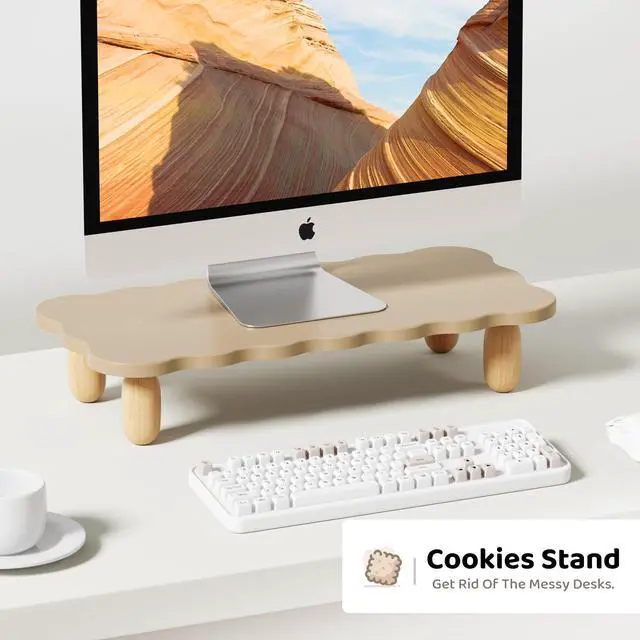 Alt view image 2 of 5 - AFOOYO Monitor Stand Riser,Cookie-Shaped Sturdy Wood Computer Monitor Stand, Monitor Stand Riser, Multi-Purpose Desktop Organizer Riser for Computer,Laptop,Printer,TV,khaki