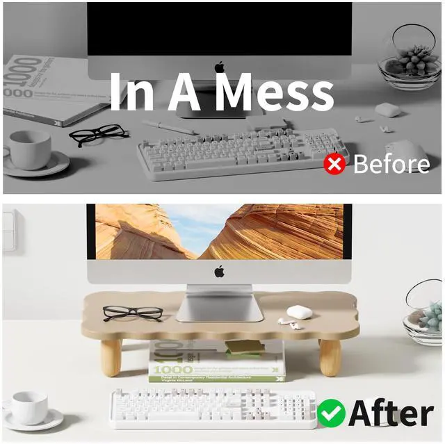 Alt view image 4 of 5 - AFOOYO Monitor Stand Riser,Cookie-Shaped Sturdy Wood Computer Monitor Stand, Monitor Stand Riser, Multi-Purpose Desktop Organizer Riser for Computer,Laptop,Printer,TV,khaki