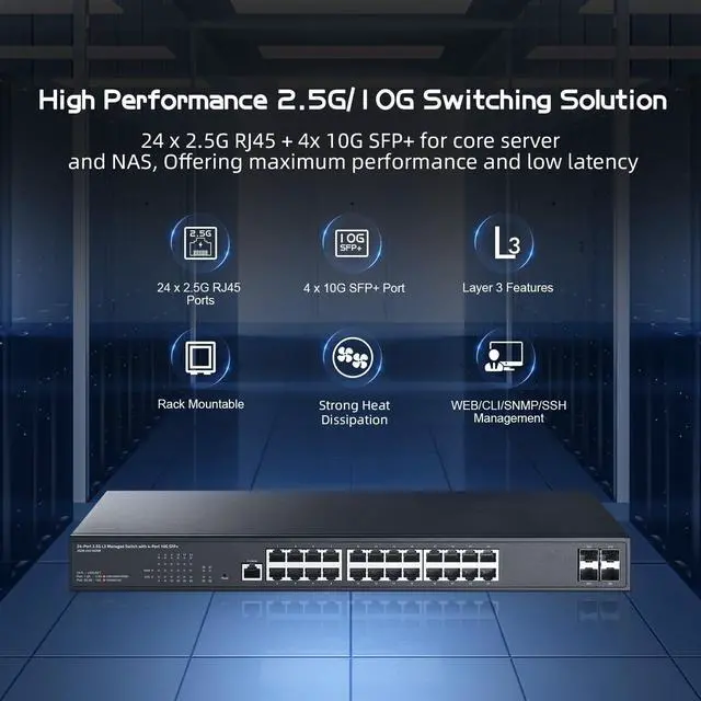 Alt view image 2 of 5 - 28 Port 2.5G Web Managed Switch, 24x2.5G Ethernet, 4x10 Gigabit SFP Ports, Web/CLI L3 Managed, Metal Multi-Gigabit Desktop/Rackmount Binardat Network Switch
