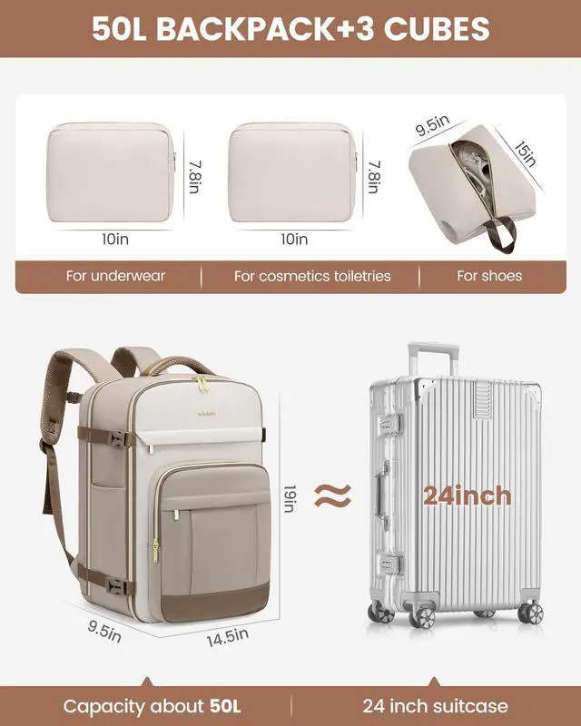 Alt view image 3 of 5 - LOVEVOOK 50L Travel Backpack for Women & Men - 18 Inch Carry On Backpack & Personal Item Backpack for Airlines, Spacious and Durable Design, with 3 Packing Cubes