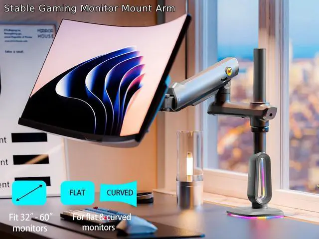 Alt view image 4 of 5 - NB Extra Height Gaming Monitor Arm for 32 to 60 Inches Screen, Load up to 20 kg, VESA 75/100, RGB-Light, Heavy Duty, Multi Angle Adjustable, Premium Aluminum, Long Arm Extension Grey Black