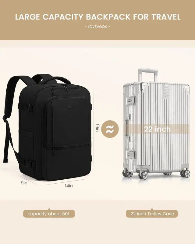 Alt view image 3 of 5 - LOVEVOOK Travel Backpack for Women & Men, 50L Large Carry On Backpack Airline Approved, TSA Personal Item Weekender Bag, Water Resistant Laptop Backpacks with 3 Packing Cubes for Travel Essentials