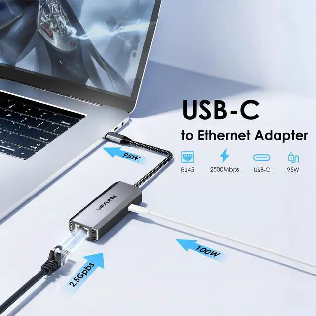 Alt view image 2 of 5 - WAVLINK USB C to Ethernet Adapter 2.5 Gbps, USB to 2.5G Ethernet Adapter with 95W Power for Laptop, USB-C to RJ45 Network Converter (Thunderbolt 4/3 Compatible) for Windows, Mac OS, iPad OS and More