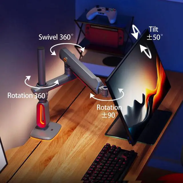 Alt view image 3 of 5 - NB Extra Height Gaming Monitor Arm for 32 to 60 Inches Screen, Load up to 20 kg, VESA 75/100, RGB-Light, Heavy Duty, Multi Angle Adjustable, Premium Aluminum, Long Arm Extension Grey Black