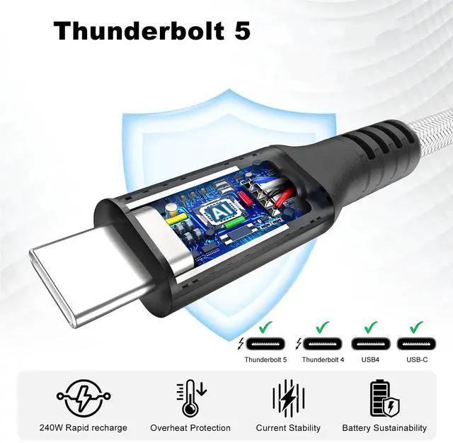 Alt view image 5 of 5 - HYairspy 80Gbps Thunderbolt 5 Cable 6.6ft USB C to USB C Cable, 240W(5A) Charging Cord, Braided Type C Cable Compatible for Dual 16K/8K/4K Display, USB5, SSD, eGPU, Mac Studio/mini, iPhone