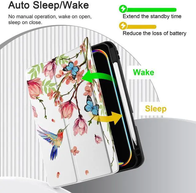 Alt view image 4 of 5 - MEEgoodo Case for M4 iPad Pro 11 inch Case 2024, Tablet Cover with Trifold Stand & Pencil Holder & Auto Wake/Sleep & Soft TPU Back Cover, Birds & Flowers