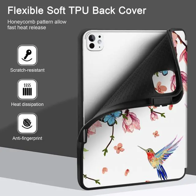 Alt view image 5 of 5 - MEEgoodo Case for M4 iPad Pro 11 inch Case 2024, Tablet Cover with Trifold Stand & Pencil Holder & Auto Wake/Sleep & Soft TPU Back Cover, Birds & Flowers