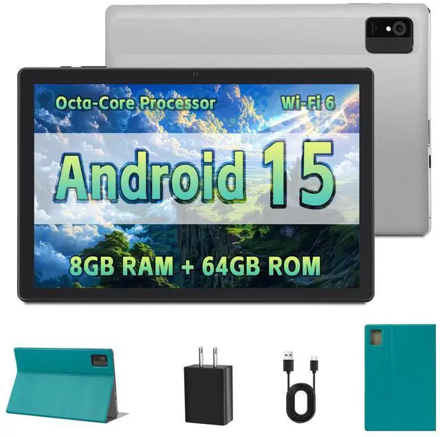 Main image of 10 inch Tablet - Android 15 Tablet for Adults - Google Tablet Computer with HD IPS Touch Display, Octa-Core, 8GB RAM 64GB ROM, 512GB Expand, Wi-Fi 6 (2.4G + 5G), Dual Camera, 5000mAh Battery - Silver