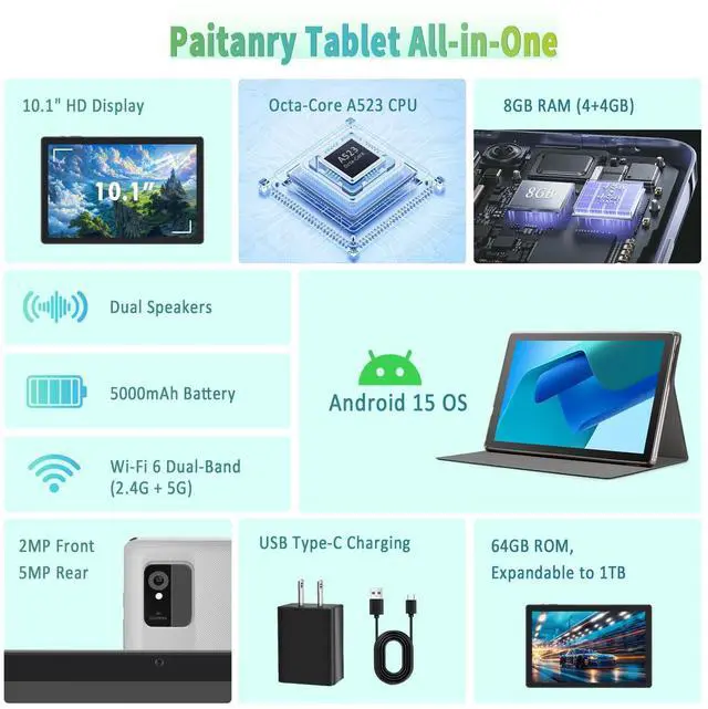 Alt view image 3 of 5 - 10 inch Tablet - Android 15 Tablet for Adults - Google Tablet Computer with HD IPS Touch Display, Octa-Core, 8GB RAM 64GB ROM, 512GB Expand, Wi-Fi 6 (2.4G + 5G), Dual Camera, 5000mAh Battery - Silver