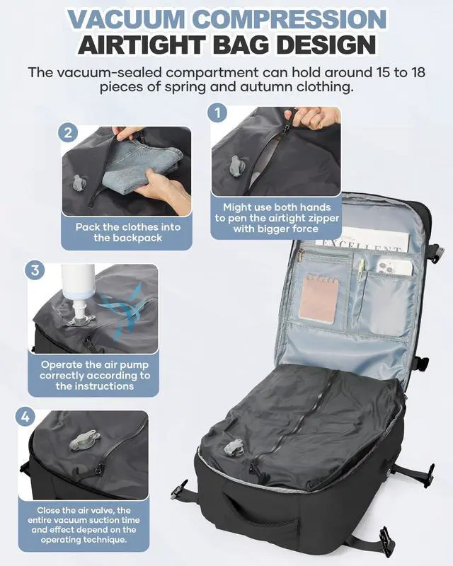 Alt view image 3 of 5 - Vacuum Backpack Travel with Pump,mochila compresion al vacio 18x14x8 inches Personal Item Carry on Backpacks,Vacuum Seal Backpack Travel Water Resistant Business Work Laptop Backpack,Black