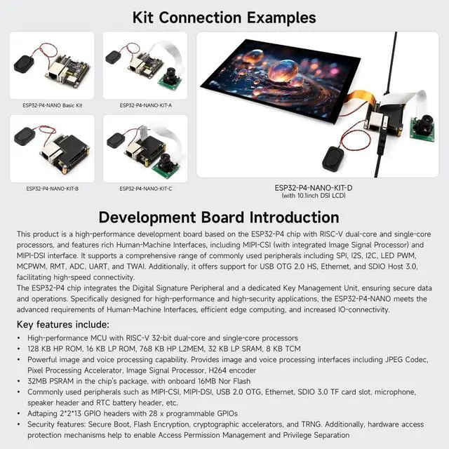 Alt view image 5 of 5 - Waveshare ESP32-P4-NANO High-Performance Development Board, Based On ESP32-P4 Chip with RISC-V Dual-core and Single-core Processors, Bundle with RPi Camera (4 Items)