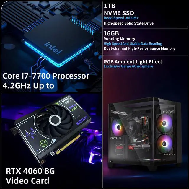Alt view image 2 of 5 - ZER-LON Gaming PC Desktop Computer, Intel Core I7-7700 up to 4.2 GHz, RTX 4060 8G, 16G DDR4 RAM, 1TB NVME SSD, WiFi 5.0, Prebuilt Gaming PC Tower Computer with RGB Fan x 4
