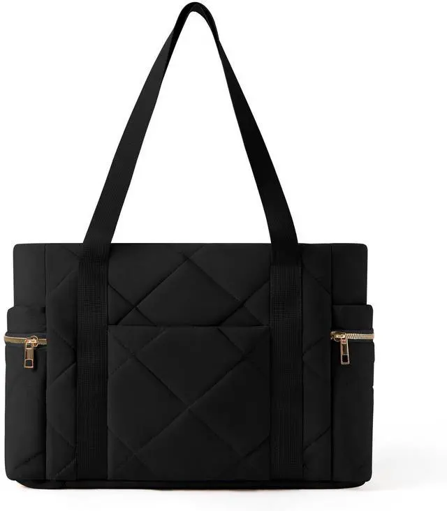 Main image of WOVTATOO Women's Large (17" x 7" x 12") Black Water Resistant Puffy Tote Bag with Zipper, Multi-Pockets, Suitable for Work, Travel, Shopping, Gym, and Outdoor Activities