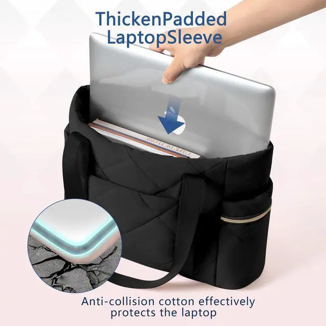 Alt view image 2 of 4 - WOVTATOO Women's Large (17" x 7" x 12") Black Water Resistant Puffy Tote Bag with Zipper, Multi-Pockets, Suitable for Work, Travel, Shopping, Gym, and Outdoor Activities