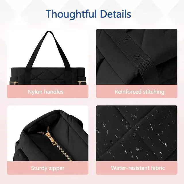 Alt view image 3 of 4 - WOVTATOO Women's Large (17" x 7" x 12") Black Water Resistant Puffy Tote Bag with Zipper, Multi-Pockets, Suitable for Work, Travel, Shopping, Gym, and Outdoor Activities