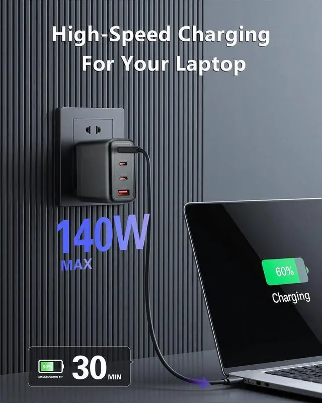 Alt view image 2 of 5 - 140W USB C Charger, 4-Port Foldable Compact Fast Laptop Charger Power Adapter, Advanced GaN Wall Charger, Compatible for MacBook Pro/Air, iPad Pro, iPhone 16 Pro, Galaxy S25/S24, Steam Deck, and More