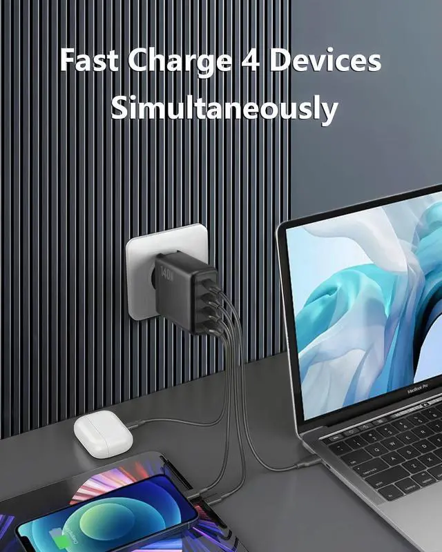 Alt view image 3 of 5 - 140W USB C Charger, 4-Port Foldable Compact Fast Laptop Charger Power Adapter, Advanced GaN Wall Charger, Compatible for MacBook Pro/Air, iPad Pro, iPhone 16 Pro, Galaxy S25/S24, Steam Deck, and More