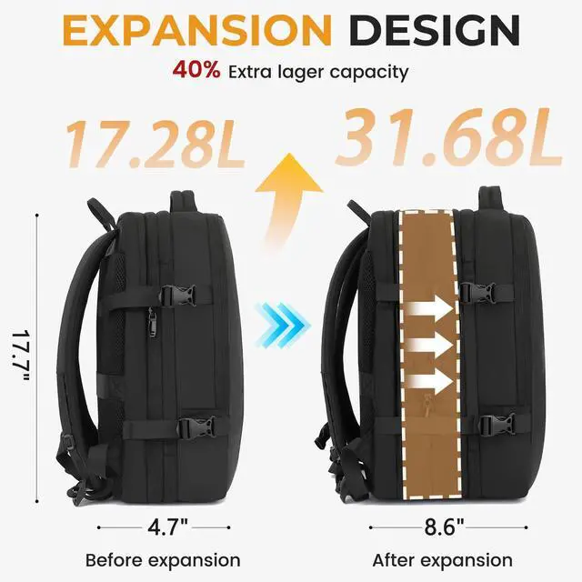 Alt view image 2 of 5 - Expandable Travel Backpack for Men Women,Large Carry on Backpack Suitcase with USB Charging Port,Mochila Bag fits 17.3" Laptop TSA Approved, Waterproof Weekender Business Hiking Casual Gifts