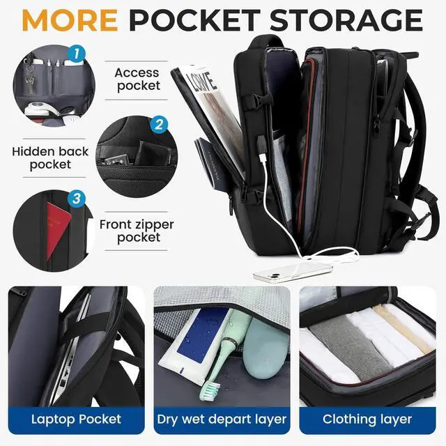 Alt view image 3 of 5 - Expandable Travel Backpack for Men Women,Large Carry on Backpack Suitcase with USB Charging Port,Mochila Bag fits 17.3" Laptop TSA Approved, Waterproof Weekender Business Hiking Casual Gifts