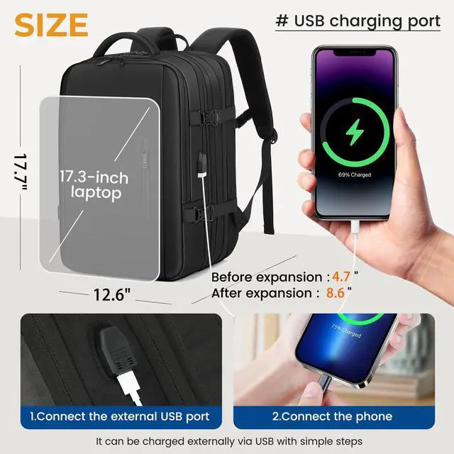 Alt view image 4 of 5 - Expandable Travel Backpack for Men Women,Large Carry on Backpack Suitcase with USB Charging Port,Mochila Bag fits 17.3" Laptop TSA Approved, Waterproof Weekender Business Hiking Casual Gifts