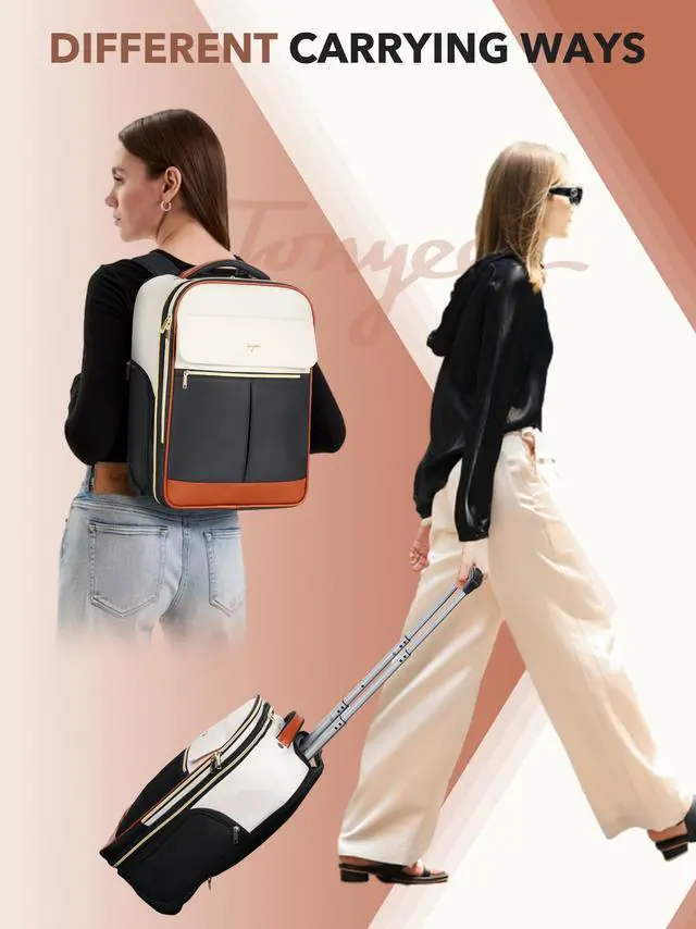 Alt view image 2 of 5 - Tonyeee Rolling Backpack for Women, Large Travel Backpack with Wheels Carry on Flight Approved, 17 Inch Laptop Wheeled Roller Bag Suitcase Luggage for Work Bussiness Weekender (Beige,L Underseat Size)