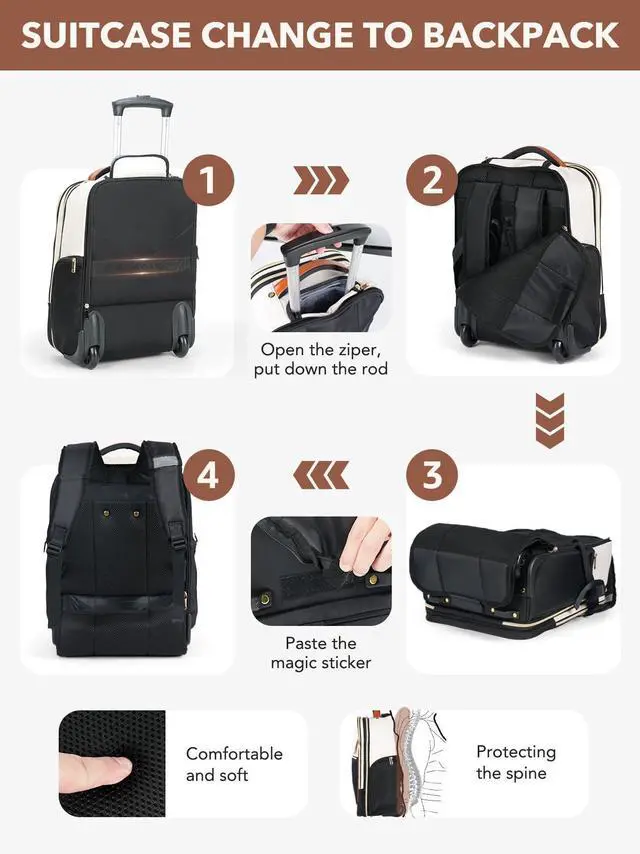 Alt view image 3 of 5 - Tonyeee Rolling Backpack for Women, Large Travel Backpack with Wheels Carry on Flight Approved, 17 Inch Laptop Wheeled Roller Bag Suitcase Luggage for Work Bussiness Weekender (Beige,L Underseat Size)