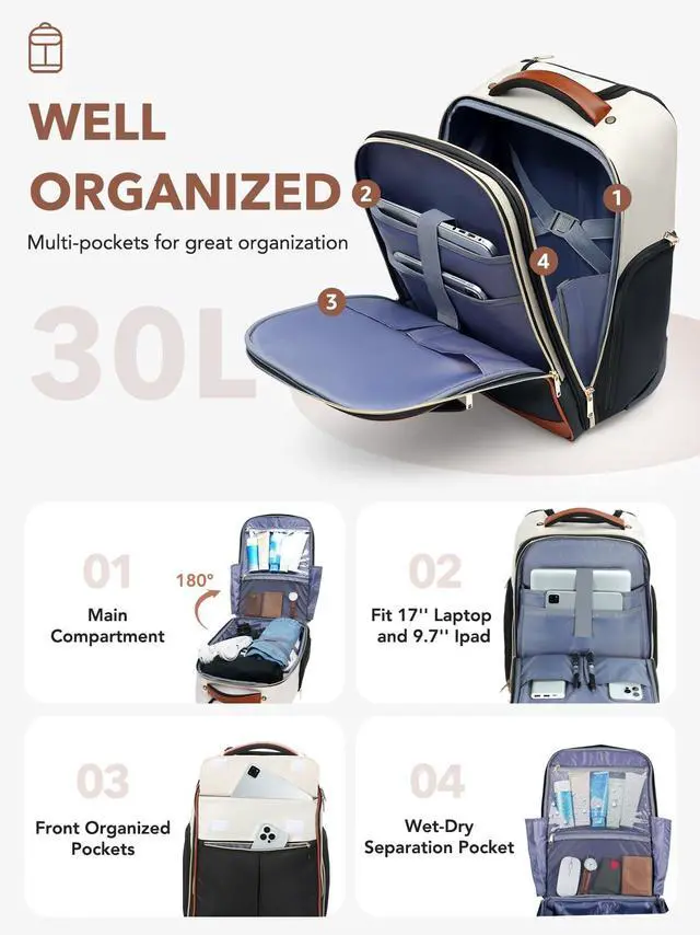 Alt view image 4 of 5 - Tonyeee Rolling Backpack for Women, Large Travel Backpack with Wheels Carry on Flight Approved, 17 Inch Laptop Wheeled Roller Bag Suitcase Luggage for Work Bussiness Weekender (Beige,L Underseat Size)