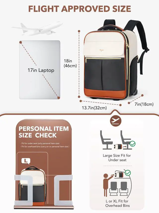 Alt view image 5 of 5 - Tonyeee Rolling Backpack for Women, Large Travel Backpack with Wheels Carry on Flight Approved, 17 Inch Laptop Wheeled Roller Bag Suitcase Luggage for Work Bussiness Weekender (Beige,L Underseat Size)