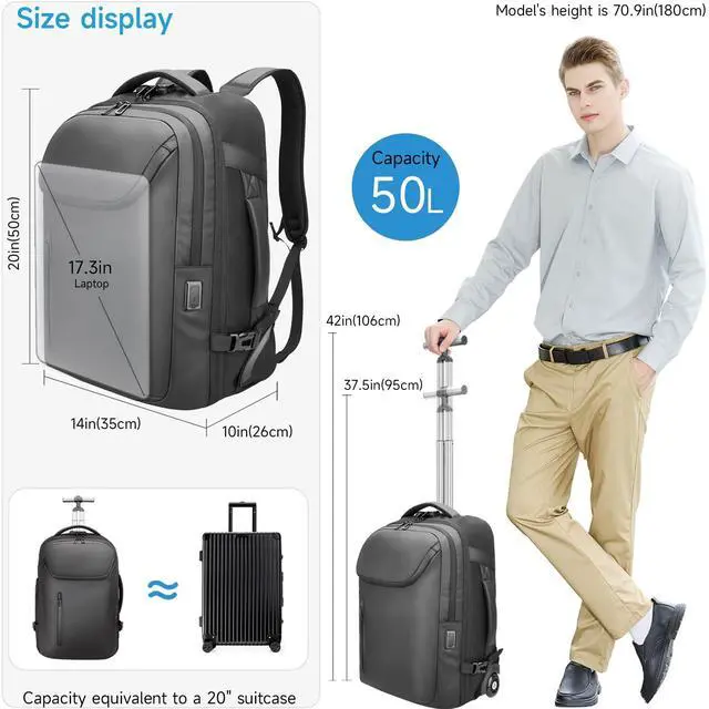 Alt view image 4 of 5 - SWICKY RICOOI Backpack with wheels,backpack on wheels for USB Type-C Ports,17.3" Laptop Compartment,Built-In Customs Lock -Wheeled Backpack for Business, Travel, Work, College