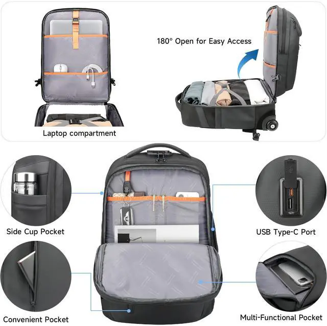 Alt view image 5 of 5 - SWICKY RICOOI Backpack with wheels,backpack on wheels for USB Type-C Ports,17.3" Laptop Compartment,Built-In Customs Lock -Wheeled Backpack for Business, Travel, Work, College