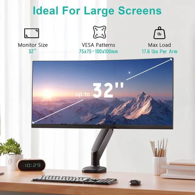 Alt view image 2 of 5 - JIEZIKONGJIAN Single Monitor Desk Mount for Max 32 inch Screen, Gas Spring Arm, Stand with Clamp/Grommet Mounting Base, VESA 75x75mm & 100x100mm, Mounts Fit 4.4-17.6lbs Computer, Black