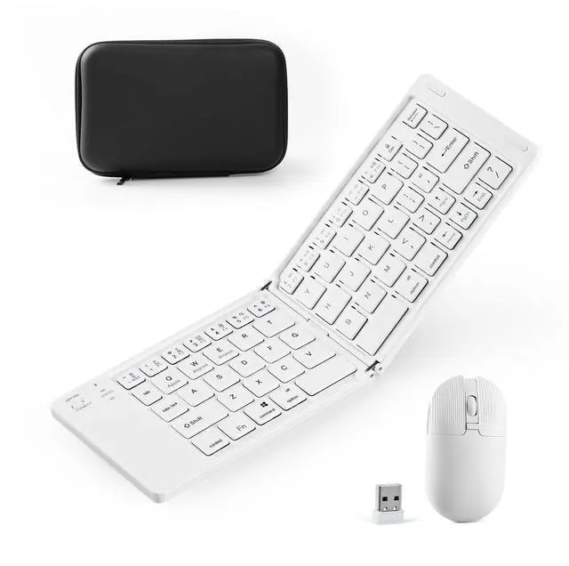 Main image of Foldable Keyboard and Mouse, 2.4G Wireless+Dual Bluetooth5.0 Folding Keyboard & Mouse Combos for Business and Travel, USB-C Rechargeable Portable Keyboard Mouse for iPads, Phones, Tablets-White