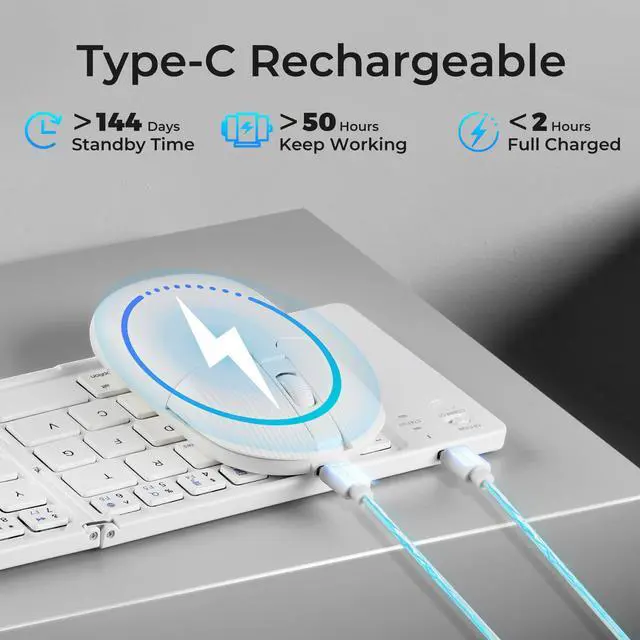 Alt view image 4 of 5 - Foldable Keyboard and Mouse, 2.4G Wireless+Dual Bluetooth5.0 Folding Keyboard & Mouse Combos for Business and Travel, USB-C Rechargeable Portable Keyboard Mouse for iPads, Phones, Tablets-White
