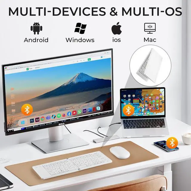 Alt view image 5 of 5 - Foldable Keyboard and Mouse, 2.4G Wireless+Dual Bluetooth5.0 Folding Keyboard & Mouse Combos for Business and Travel, USB-C Rechargeable Portable Keyboard Mouse for iPads, Phones, Tablets-White