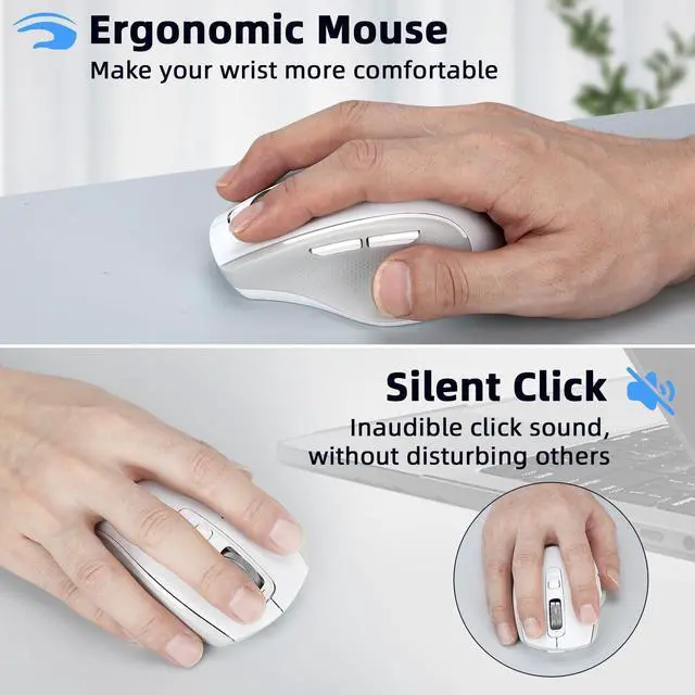 Alt view image 2 of 5 - CHHI Wireless Mouse with Bluetooth, USB-A, USB-C Receiver, Rechargeable, Full Size Mouse, Silent, Portable, Ergonomic, for MacBook/Laptop/Computer/PC/iPad (White)