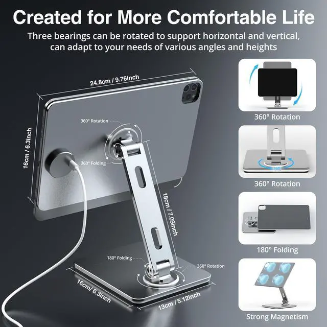 Alt view image 5 of 5 - Magnetic Charging Stand for iPad Pro 11" / iPad Air 11" M2 M3, Foldable Aluminum Alloy Tablet Holder with Magnetic Charging Compatible with IPad Pro 11" 1st/2nd/3rd/4th Gen & i Pad Air 11" 4th/5th Gen