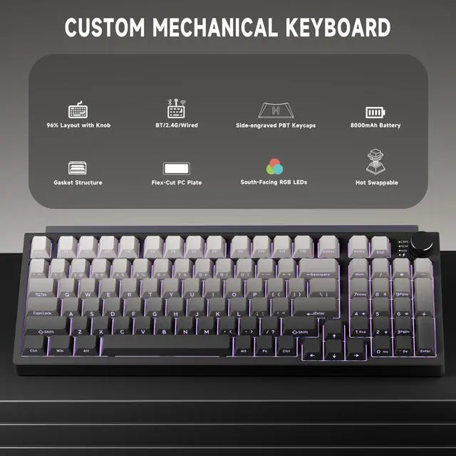 Alt view image 2 of 5 - FunHub Wireless/Wired Mechanical Keyboard,98% Hot Swappable Custom Keyboard with Knob,RGB Backlit,Sea Wood Switches,Side Printed PBT Keycaps,2.4GHz/USB-C/BT5.0 Gaming Keyboards for PC Computer