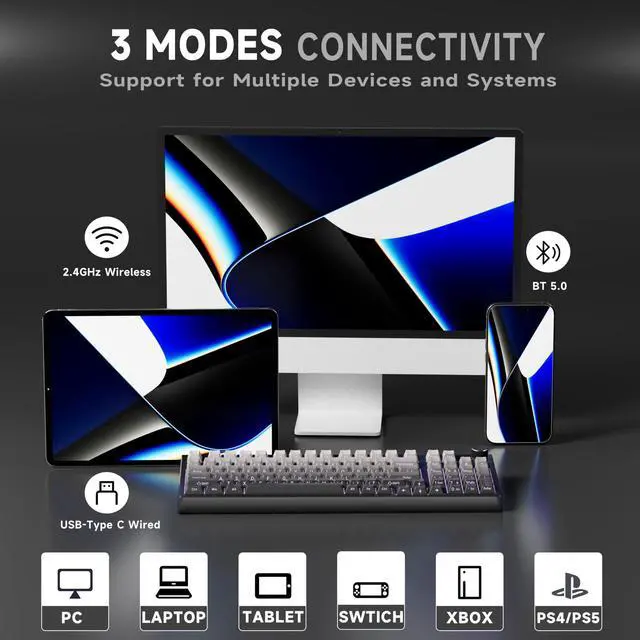 Alt view image 4 of 5 - FunHub Wireless/Wired Mechanical Keyboard,98% Hot Swappable Custom Keyboard with Knob,RGB Backlit,Sea Wood Switches,Side Printed PBT Keycaps,2.4GHz/USB-C/BT5.0 Gaming Keyboards for PC Computer