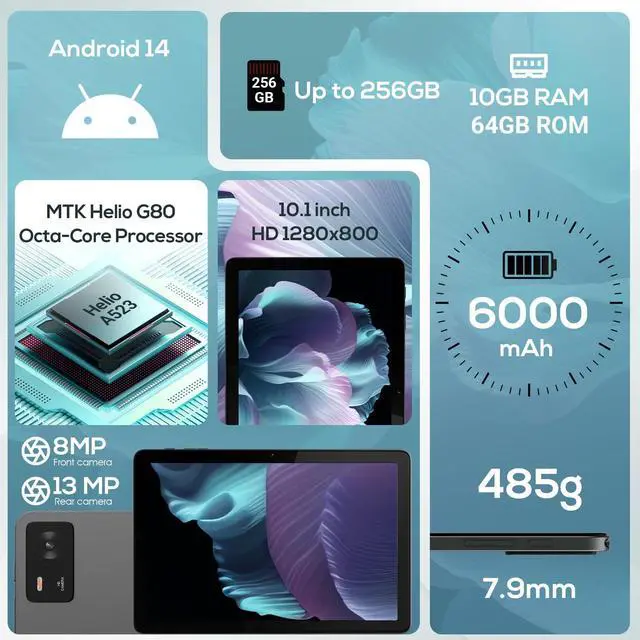 Alt view image 2 of 5 - Android Tablets, 10.1" Android 14 Tablet with Octa-Core CPU | 10GB RAM | 64GB RAM (Up to 256GB) | 6000mAh Battery | 8MP + 13MP Dual Camera | IPS HD Display | WiFi 5 | BT 5.0, with Case - Gray