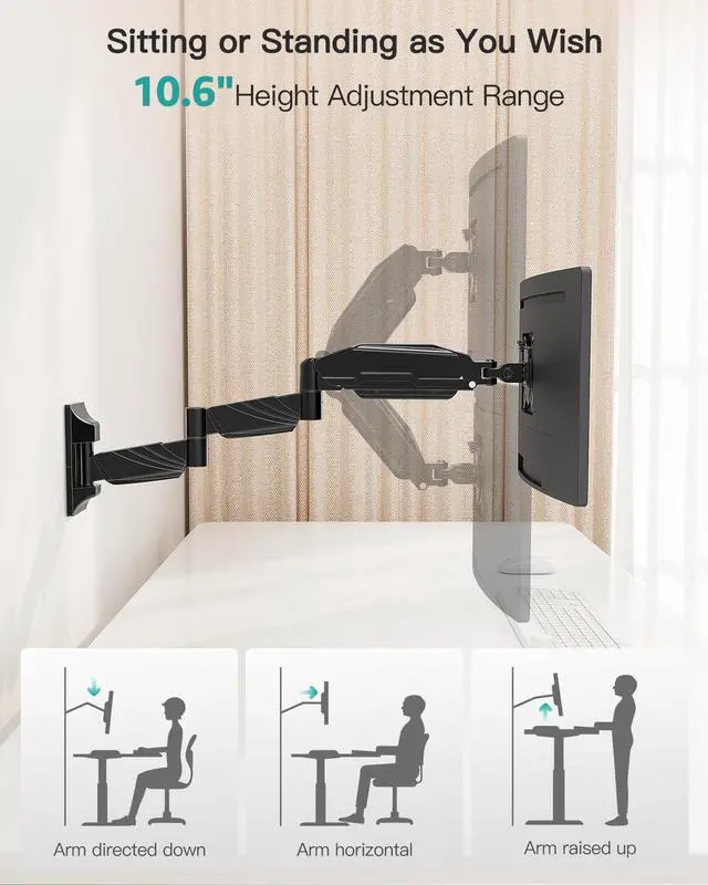 Alt view image 2 of 5 - MOUNT PRO Monitor Wall Mount for 13 to 32 inch Computer Screen, Extra Long Adjustable Single Wall Mount Monitor Arm, Full Motion Vesa Wall Bracket 100x100, Hold up to 17.6lbs, Black