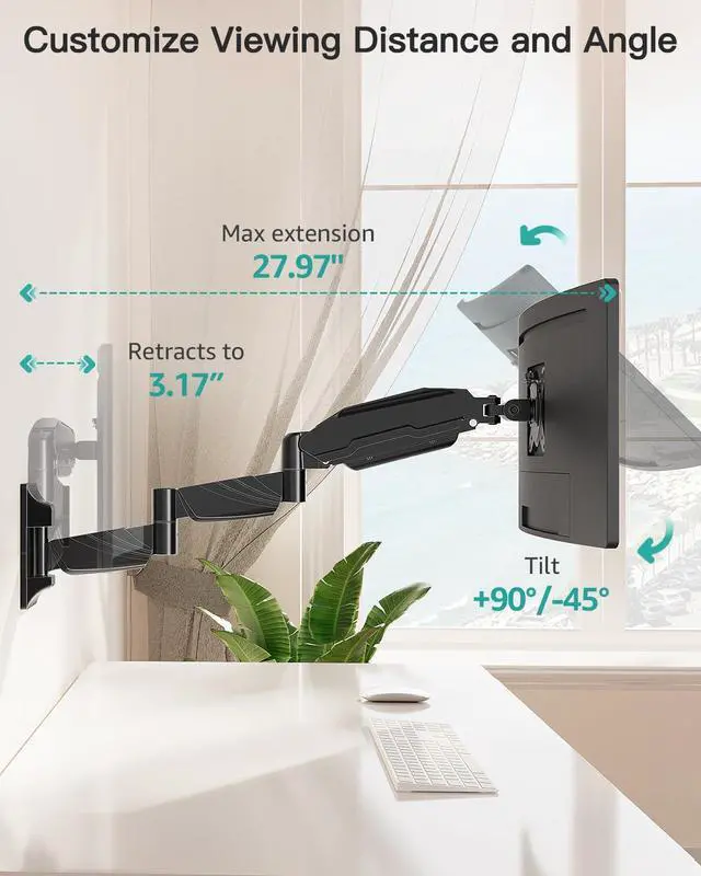 Alt view image 4 of 5 - MOUNT PRO Monitor Wall Mount for 13 to 32 inch Computer Screen, Extra Long Adjustable Single Wall Mount Monitor Arm, Full Motion Vesa Wall Bracket 100x100, Hold up to 17.6lbs, Black