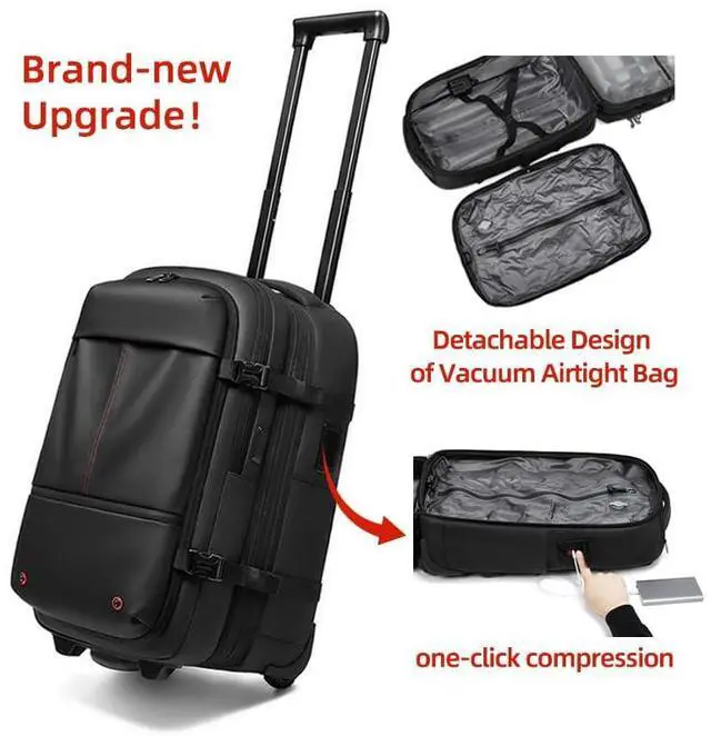 Alt view image 3 of 5 - Fiordcase Vacuum Rolling Backpack with Vacuum System, Built-in Pump and Charging Port, Carry On Luggage with Vacuum Seal Bag, Wheels, Travel Suitcase with Vacuum Compression Bag for 17" Laptop
