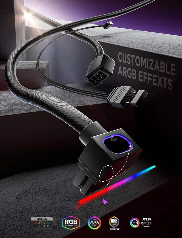 Alt view image 2 of 5 - AsiaHorse Hydrus-8PIN GPU PSU Extension Cable ARGB Light, Copper Wire Power Extension Cable Integrated Minimalist Design, 2000W Power (Whole Set), PC Power Cord for GPU Cable Management & DIY