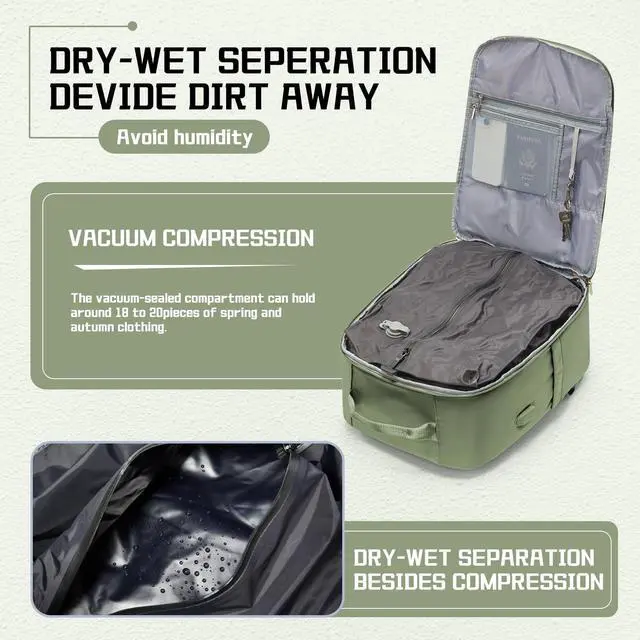 Alt view image 3 of 5 - WEPLAN Vacuum backpack travel with pump, Travel Backpack with Vacuum System,Carry on Personal Item Bag 17×10×9 United Airlines Flight Approved Hand Luggage - Green