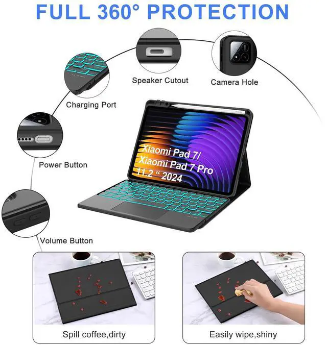 Alt view image 4 of 5 - Keyboard Case for Xiaomi Pad 7/ Pad 7 Pro 11.2 Inch, 7 Color Backlit, Magnetic Detachable Wireless Bluetooth Keyboard, Multi-Touch Trackpad, Stain Resistant Cover, Rechargeable, Black (Backlit)